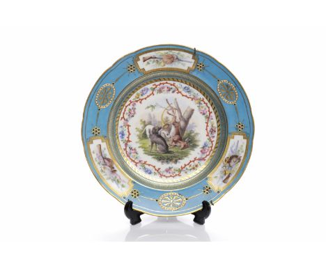 TWO LATE 19TH CENTURY SEVRES CABINET PLATESeach cartouche depicting a hunting scene and maiden and cherub, with gilt and enam