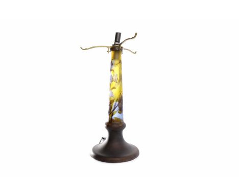 FRENCH CAMEO GLASS LAMP BASEafter Gallé (signed), decorated with irises and foliage in blue and green against a yellow ground