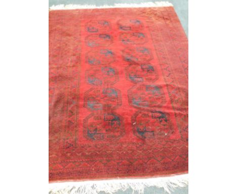 An Afghan carpet, decorated with two rows of six medallions on a red ground, 300cm x 220cm.