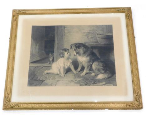 After Herkomer, young child with collie dog, lithograph, bearing signatures, 60cm x 70cm.