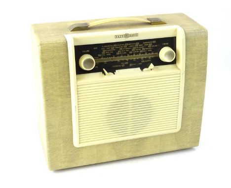 A mid 20thC Ekco travel radio, in pressed case with front articulated tuning knops and grill front speaker, 33cm H, 35cm W, 1