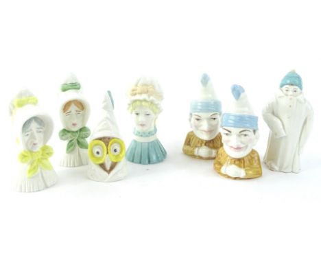A set of seven Royal Worcester replica candle snuffers, to include Mop Cap, Owl, Punch, Toddie, Punch and two ladies wearing 