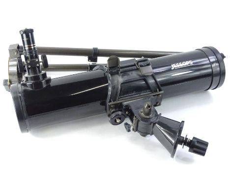A late 20thC Jessops telescope, in black with cylindrical column, 69cm W, on tripod stand, various accessories.  (a quantity)