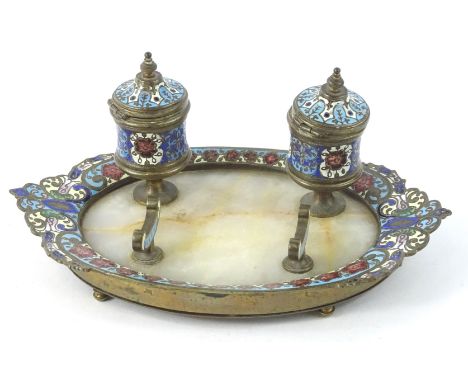 A French champleve enamel onyx and brass ink stand, in the manner of Barbedienne, with two wells, shaped borders on ball feet