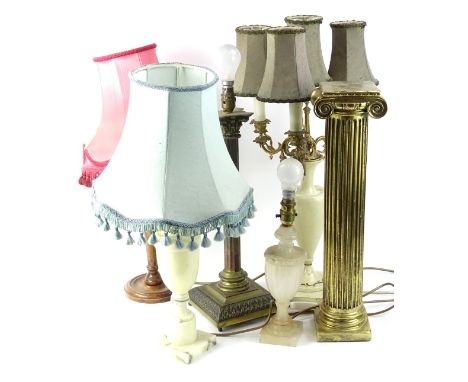 Miscellaneous light fittings, to include a cream painted lamp base with three gilt metal rococo style branches, a brass colum