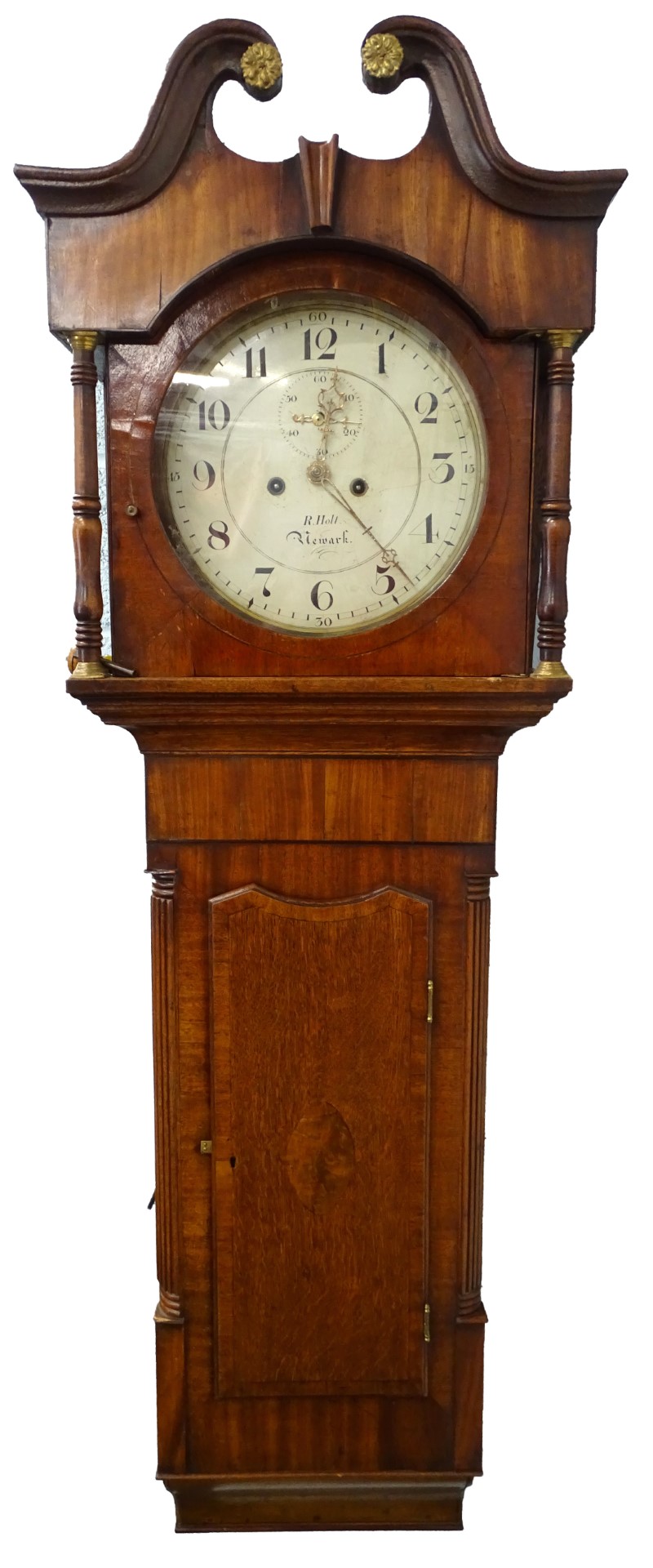 An early 19thC mahogany and oak longcase wall clock, the circular dial