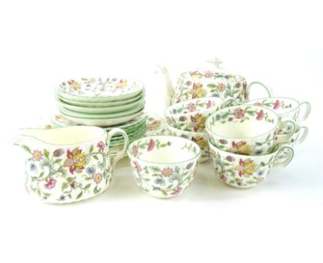A Minton Haddon Hall pattern part tea service, to include teapot and cover.