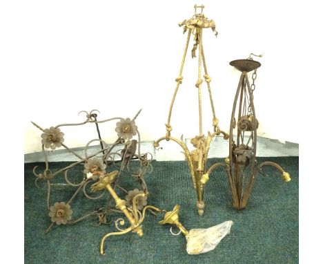 Miscellaneous hanging light fittings, to include a wrought iron Arts &amp; Crafts style chandelier, a French gilt metal and s