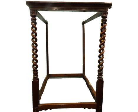 A Victorian mahogany four poster bed, with a moulded cornice above two elaborately pierced and turned posts, later adapted, 1