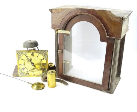 A principally 18thC clock movement, with small 23cm W brass face raised with a circular chapter ring, with Roman numeric dial
