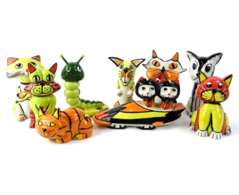 A collection of Lorna Bailey ceramic cats and dogs, to include two bobsleigh figures, a caterpillar etc. (9)
