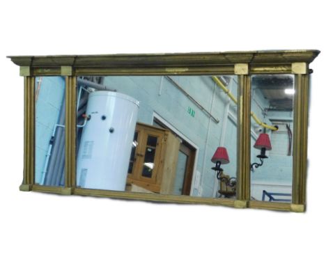 A 19thC gilt gesso over mantel mirror, with a moulded break front cornice, above three rectangular mirror plates, separated b