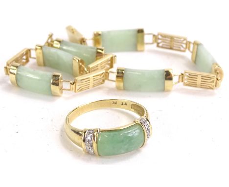 A jade set bracelet and ring, the bracelet with oblong jade stones, with Chinese design gold bands, marked 9kt, together with