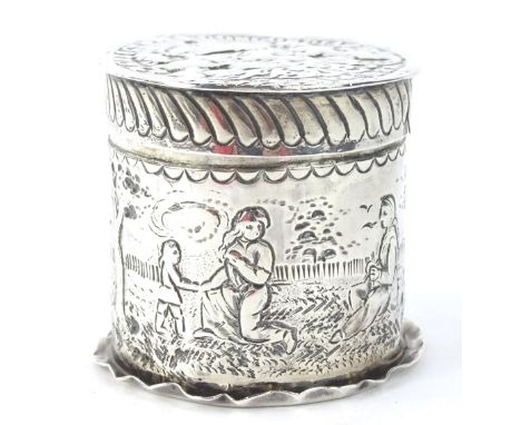A Victorian silver trinket box, with embossed decoration of figures, trees etc, London 1881, by William Comyns. Provenance: b