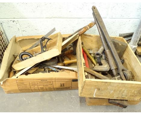 Various wood working and metal working tools, to include saws, large spanners etc.