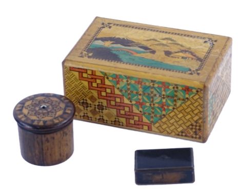 A Victorian Tunbridge needlework cylinder box, Georgian tortoiseshell snuff box, etc. 