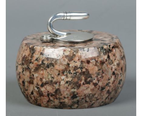 A Victorian granite and silver curling stone ink well. Assayed Birmingham 1884 by K&amp;B. Diameter approximately 7.5cm.  