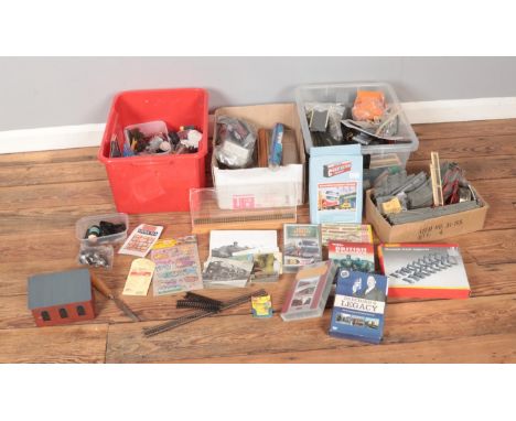 Three boxes of assorted model railway spares and repairs to include scenery accessories, rolling stock carriages, locomotive 