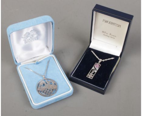 Two silver pendants on silver chains. Includes a Celtic horse and rider pendant along with a Mackintosh silver and enamel pen