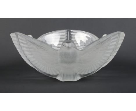 Rene Lalique, a frosted glass bowl decorated with three birds. Etched R Lalique, France to base. Diameter 27cm.  Small nibble