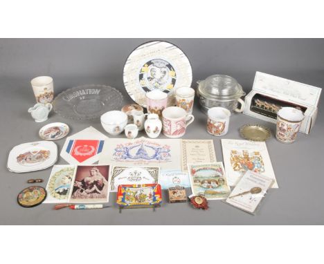 A quantity of Commemorative wares. Includes George V enamel beaker &amp; mug, Queen Victoria's Diamond Jubilee mug, ephemera,