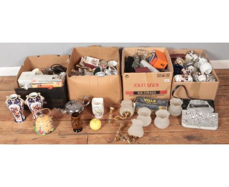 Four boxes of miscellaneous. Includes silver plate teapot, pair of Noritake vases, light fittings, ceramics, glassware, karat