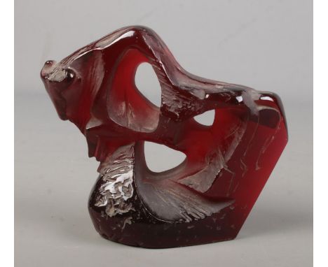 Professor Jan Cerny (1907-1978), a Czech red glass sculpture of a stylised bull. Signed. Height 11.5cm.  Very light scratches