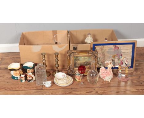 Two boxes of miscellaneous to include several Leonardo Collection figures, cut glass decanters, Midwinter Treasure Island cha