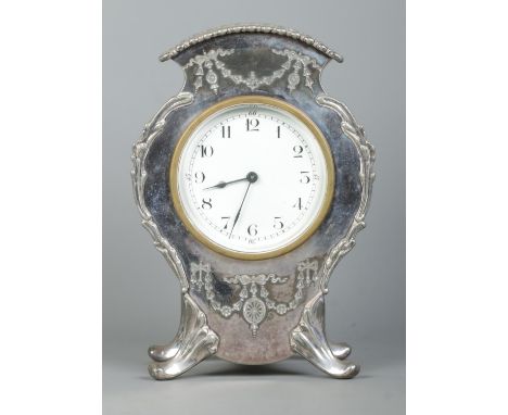 An early 20th century Lloyd, Payne &amp; Amiel silver plated mantel clock, housing French 8 day movement. Height 21cm.  Runni