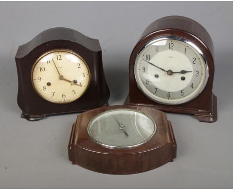 Two vintage Smiths bakelite mantel clocks to include Enfield example along with bakelite barometer.  