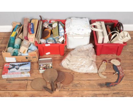Four boxes of miscellaneous. Includes handbags, boxed Airfix model, lace &amp; linen, etc.  