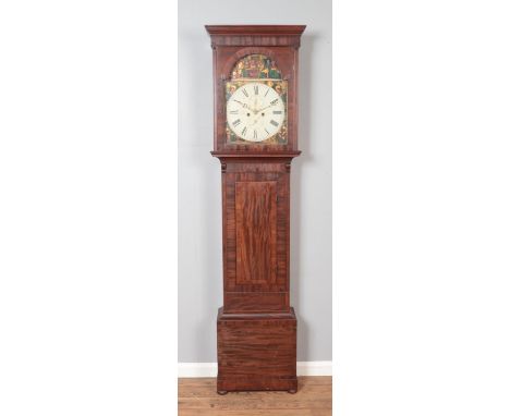 An early 19th century Scottish mahogany eight day longcase clock by W Barr, Hamilton. The painted dial depicting a scene from