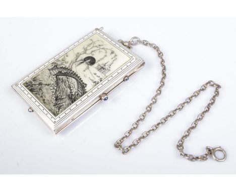 A continental silver and enamel minaudiere. The front decorated with an Oriental landscape scene. With fitted pencil, interio