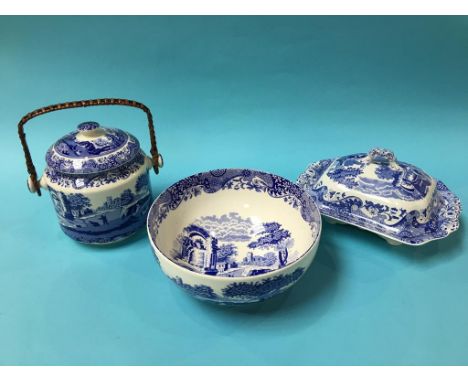 A Spode Italian circular bowl, tureen and cover and a biscuit barrelCondition ReportAll three pieces are grubby and with mild