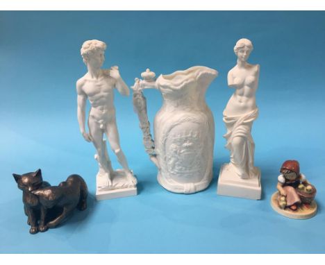 A Victorian water jug, Hummel figure, two statues etc.
