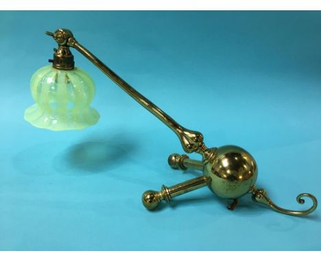 An early 20th century brass table lamp, in the style of W.A.S. Benson, with pearline glass shadeCondition ReportDamage to gla