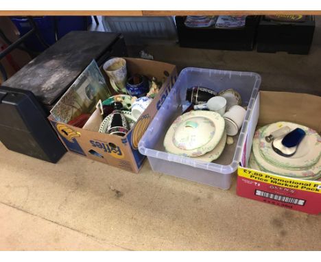 Three boxes of assorted and a tin trunk