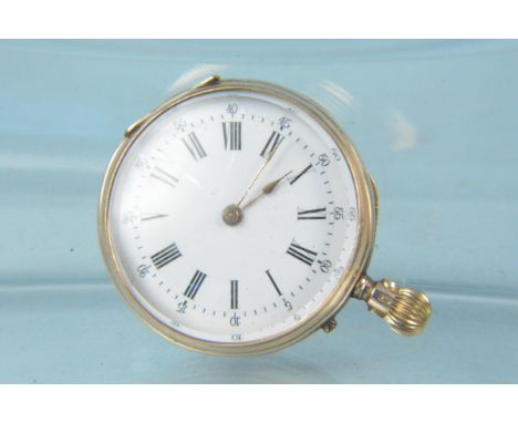 A ladies 14K gold fob watch, enamel dialled with base metal dust cover
