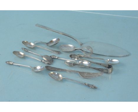 A small selection of silver and silver plated cutlery including a Georgian caddy spoon