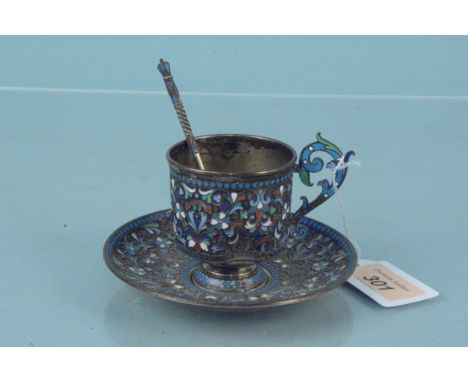 A Russian silver cloisonne cup, saucer and spoon, all with Kokoshnik mark, inscription to centre of saucer (losses to enamel 