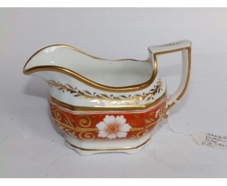 A Spode canoe shaped cream jug, a Spode bute cup & saucer and a New Hall cup & saucer. (5)