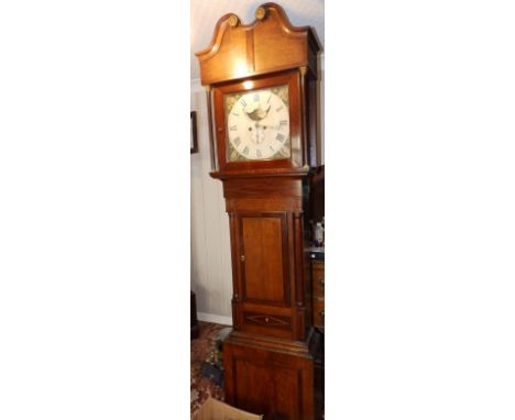 An eight day bell-striking painted dial longcase clock with moonphase in mahogany banded oak case – movement a/f, 88”