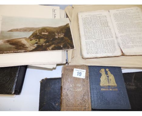 Guy's British Spelling Book, 1823', a Ready Reckoner, one other and various cuttings including an 'Academy's Soho Square' tic