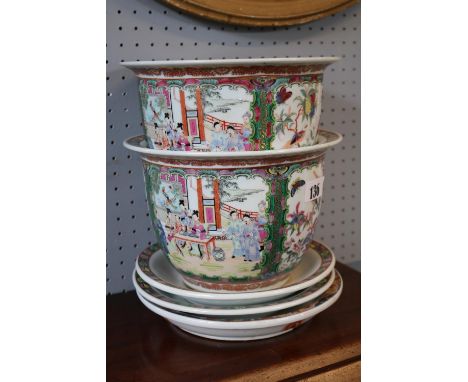 Pair of Famille Rose Chinese Jardinières with matching saucers, Imari type bowl and a Japanese Gourd vase 