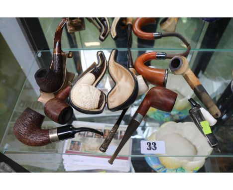 Collection of Edwardian and later Pipes to include Meerschaum cased, Silver Fillagree Cigarette holder, Brass Pipe Stand etc 