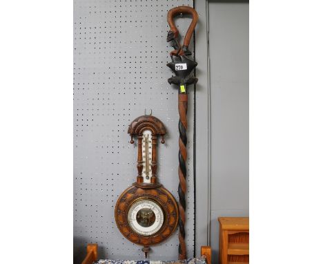 Edwardian Walnut cased Barometer and a African Hardwood Walking Stick 