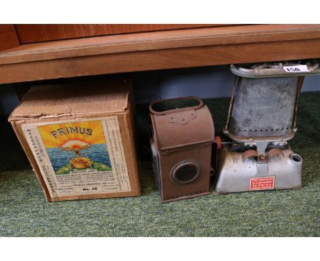 Boxed Primus Stove, No.33 Space Heater and a Vintage Railway Lamp 