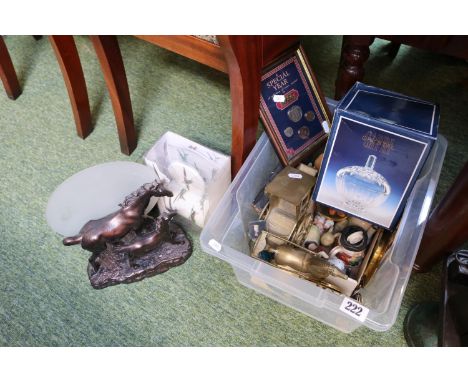 Box of assorted bygones to include Equine table Lamp, Crystal etc 