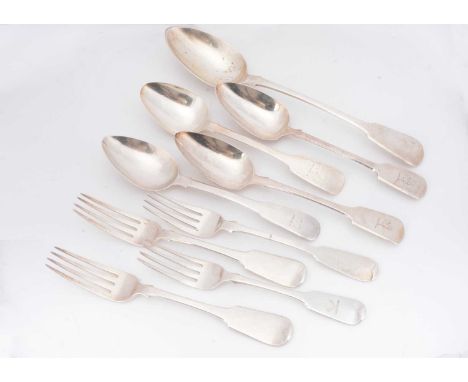 Nine Georgian and later silver fiddle pattern items of flatware, including a basting spoon by T.B, four table spoons, one New