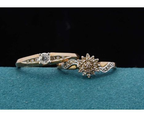 Two 9ct gold diamond dress rings, including one cluster with diamond set shoulders, ring size O together with a diamond solit